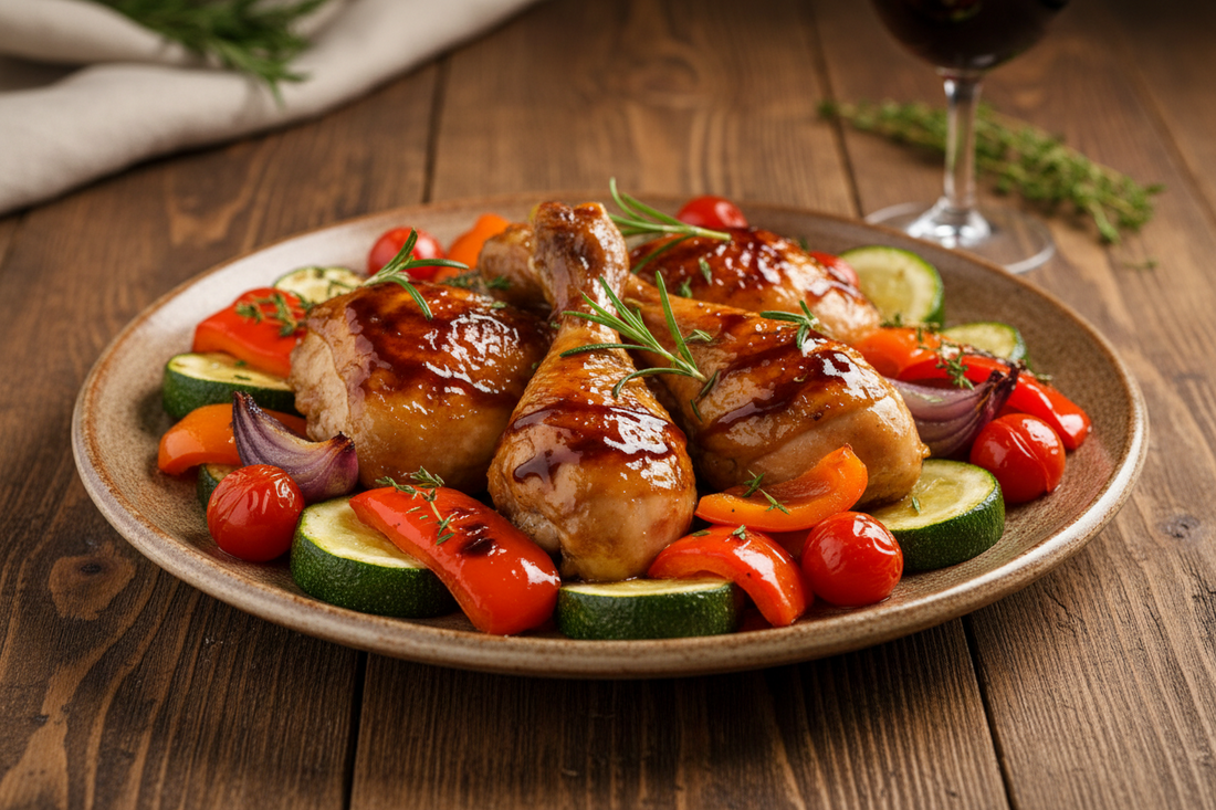 Hauptspeise mit Balsamico: Balsamico-Hähnchen mit Ofengemüse