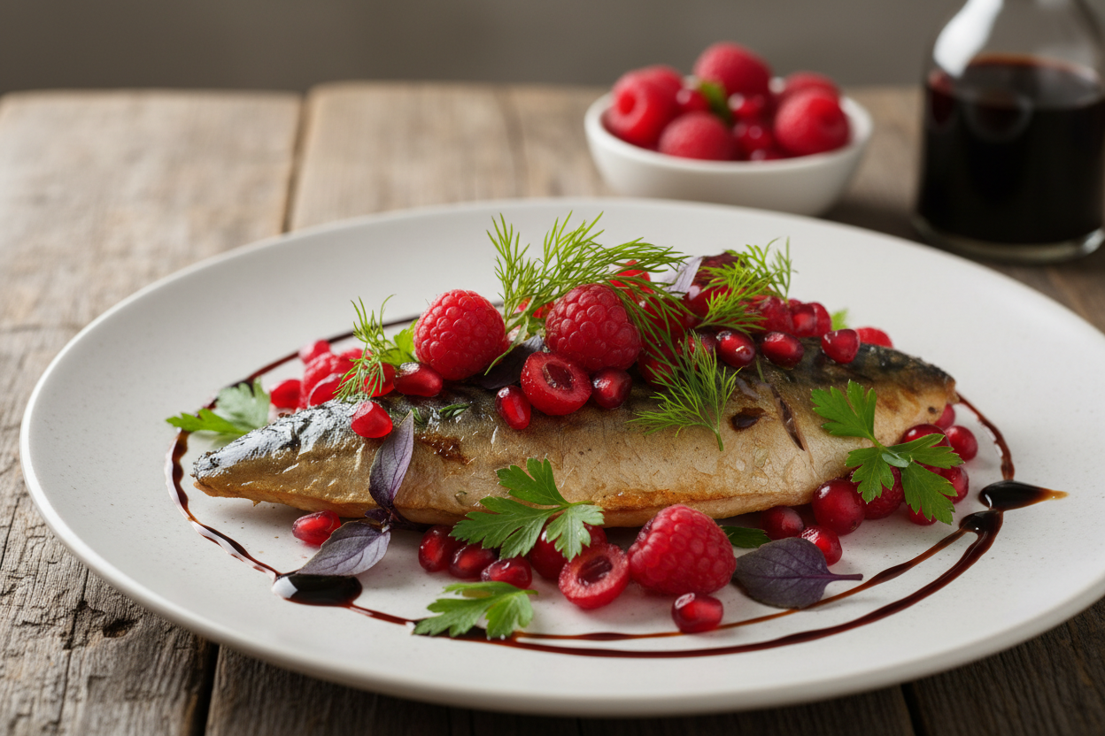 Makrelenfilet mit roten Früchten, Kräutern und Balsamessig